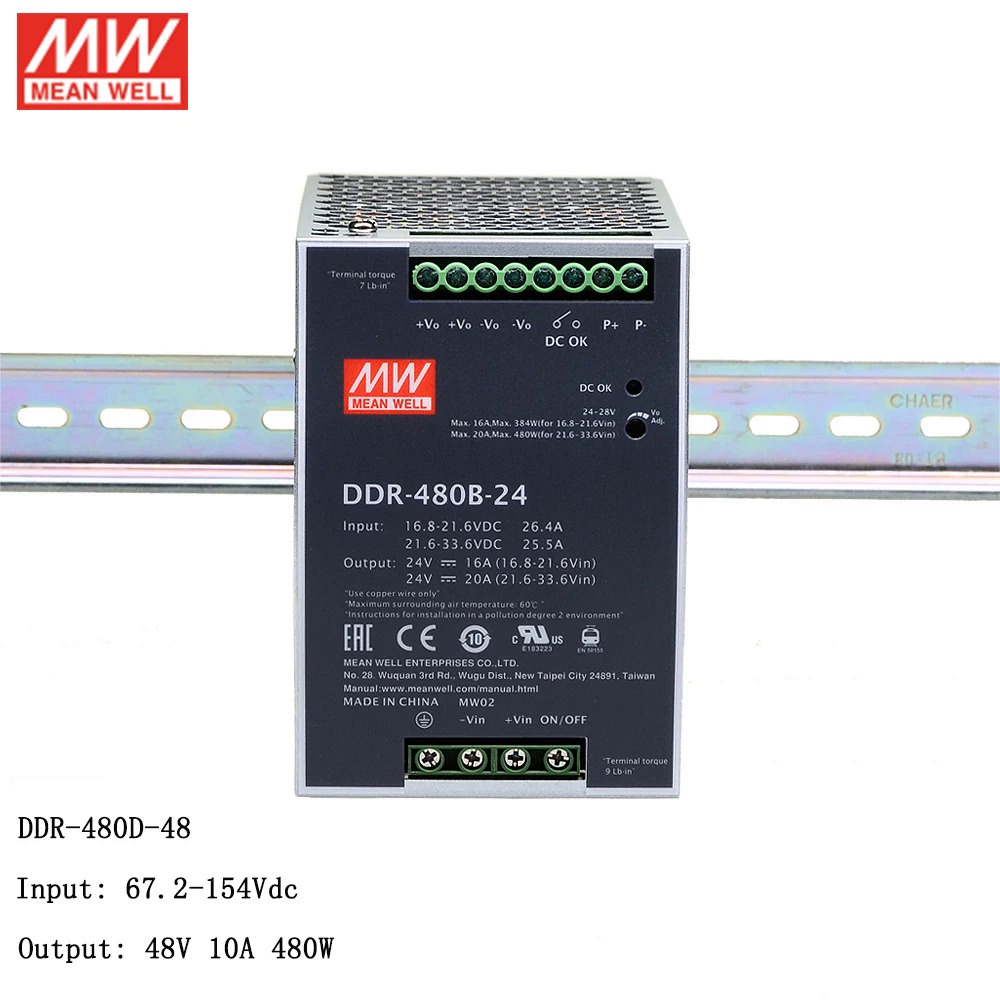 Mean WELL DDR-480D-48 480W 48V DIN Rail DC DC Converter 67.2 ~ 154V DC ถึง 48V DC 10A 480W Switching