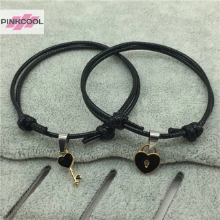 Pinkcool 2 ชิ้น / เซต แฟชั่น คู่รัก สร้อยข้อมือ เชือกสีดํา จี้หัวใจ สร้อยข้อมือ สําหรับผู้หญิง ผู้ชาย คู่รัก สร้อยข้อมือ เครื่องประดับ ของขวัญ ขายดี