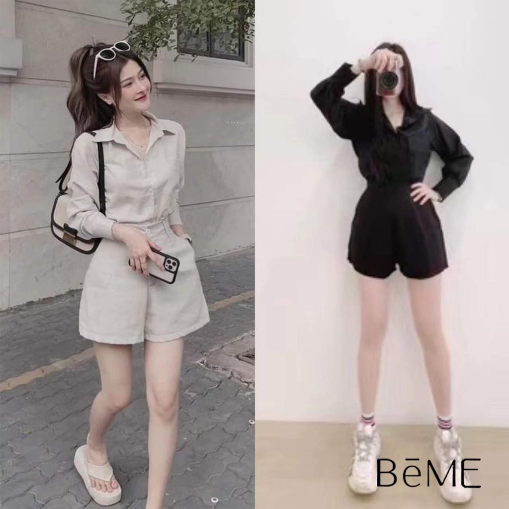 Set 2 ชิ้น เสื้อแขนยาว สีพื้นเรียบ มาพร้อมกับกางเกงขาสั้น