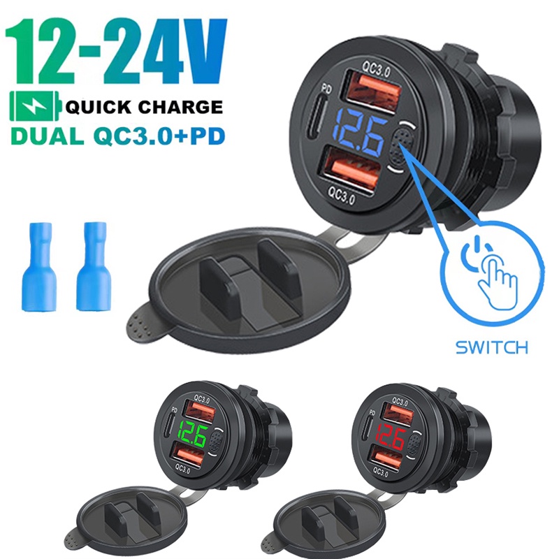 ที่ชาร์จ USB คู่ พอร์ต QC3.0 และซ็อกเก็ต PD ที่จุดบุหรี่ 12V-24V พร้อมสวิตช์ปุ่มกดแรงดันไฟฟ้า สําหรับรถยนต์ เรือ รถบรรทุก RV