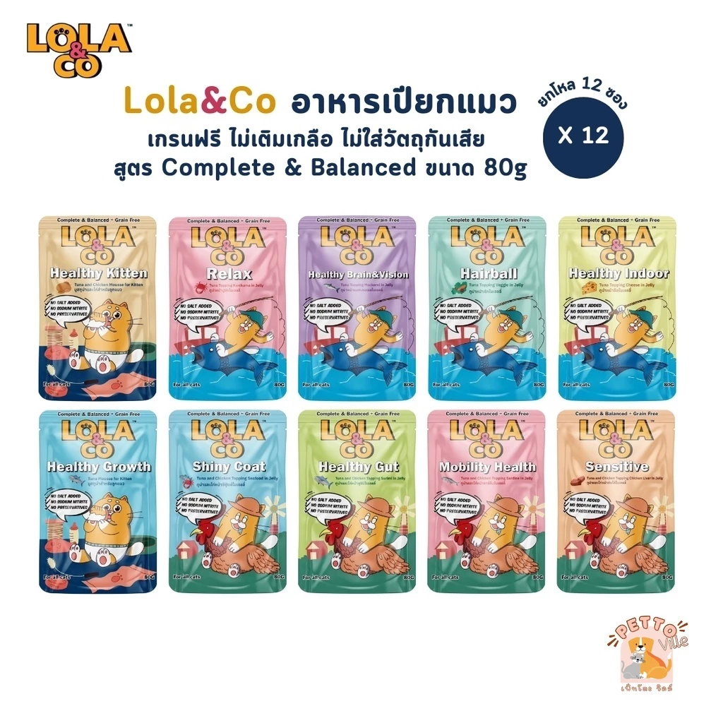 Lola&Co อาหารเปียกแมว [12 ซอง] สูตร Complete & Balanced เกรนฟรี ไม่เติมเกลือ ขนาด 80 กรัม
