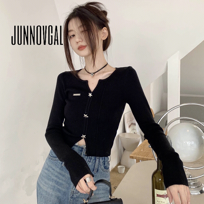 Junnovgal เสื้อคาร์ดิแกนแขนยาว คอวี ผ้าถัก เข้ารูป สีพื้น สไตล์เรโทร สําหรับผู้หญิง 2024