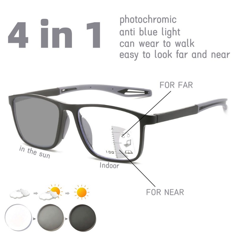 4 in 1 แว่นตาอ่านหนังสือแบบมัลติโฟกัสแบบโฟโตโครมิกป้องกันแสงสีฟ้าดูไกลและใกล้แว่นตาสายตายาวแฟชั่น