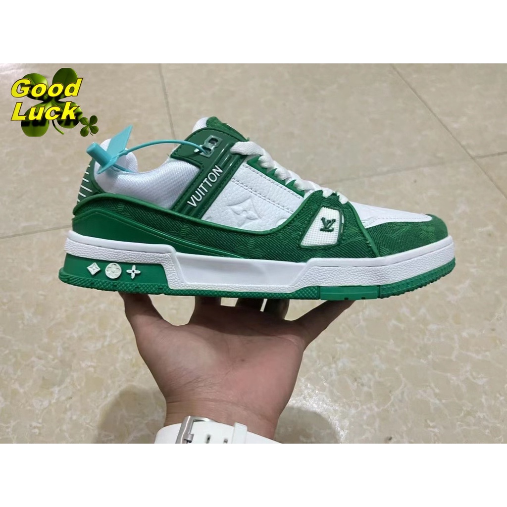 ♞,♘,♙Louis Vuitton Original  Lv Trainer White Green Men's Shoes Fashion Men's Sports Shoes Campus T