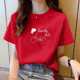 เสื้อยืดคอกลม แขนสั้น ทรงหลวม สีแดง แฟชั่นสําหรับผู้หญิง