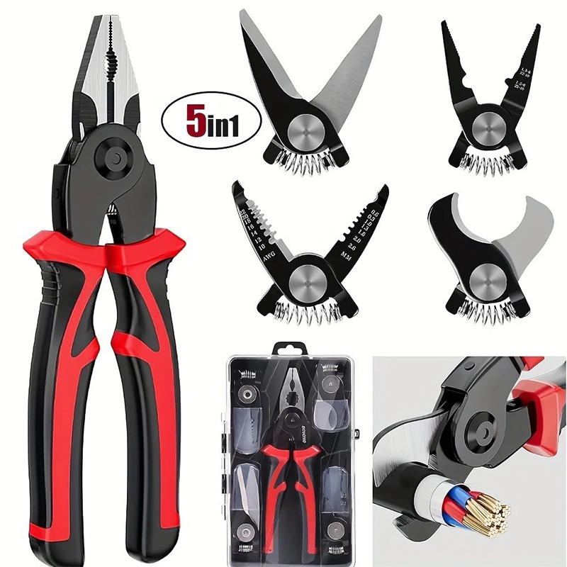 5in1 คีมปอกสายไฟ อเนกประสงค์ สําหรับช่างไฟฟ้า Interchangeable Head Tool Set คีมเหล็กมือถือสำหรับการตัดสายไฟแบบจีบ