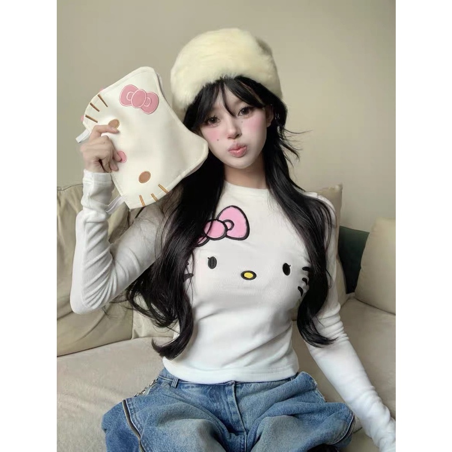 เสื้อยืดแขนยาว เข้ารูป ปักลายแมวคิตตี้น่ารัก สไตล์เกาหลี แฟชั่นบอททอม สําหรับผู้หญิง