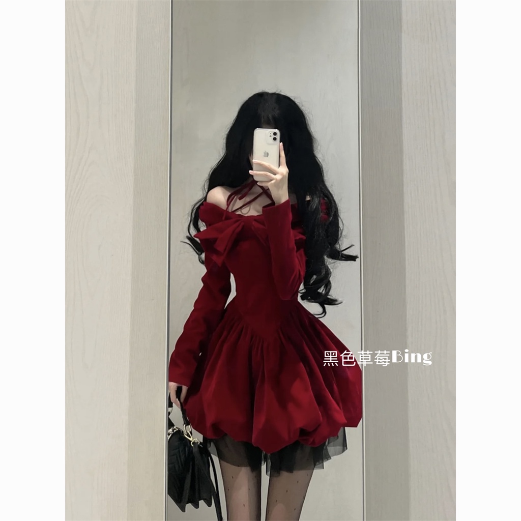 Retro สีแดง Bowknot กํามะหยี ่ ชุดหญิงภาษาฝรั ่ งเศสคําอารมณ ์ High-End Sense แคบเอว Slimmer ดู Fluffy ชุดเจ ้ าหญิง