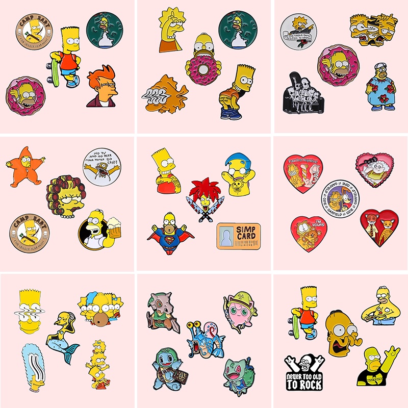 เข็มกลัดโลหะ รูปการ์ตูนอนิเมะ Simpsons Garfield ของขวัญสําหรับเพื่อน จํานวน 5 ชิ้น ต่อชุด