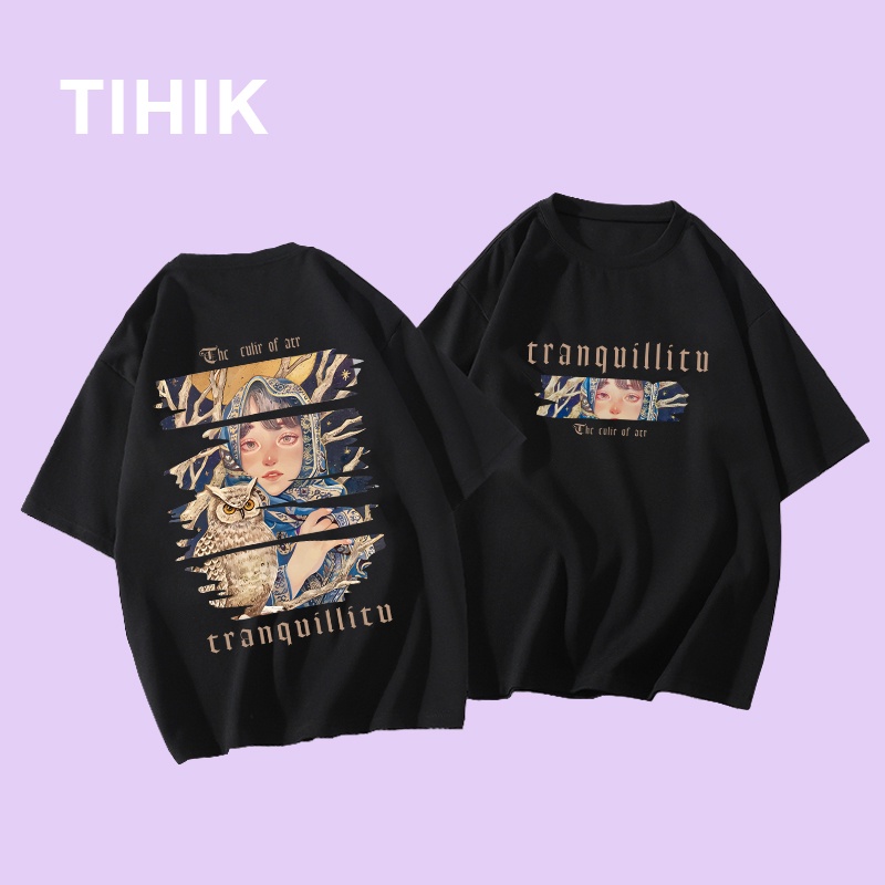 (จัดส่งตลอด 24 ชั่วโมง) TIHIK เสื้อยืด ดํา oversize สกรีนหลัง ผ้าคอตตอน 100% แขนสั้น แฟชั่น ใส่สบายๆ สไตล์เกาหลี #0092