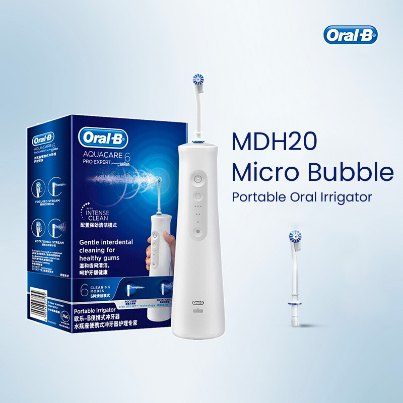 Oral-b เครื่องชลประทานในช่องปาก แบบพกพา พร้อมเทคโนโลยีออกซิเจน โหมดสเปรย์คู่ เกียร์ 4 ความเข้ม ถัง 145 มล. กันน้ํา IPX7 การออกแบบกะทัดรัด MDH20