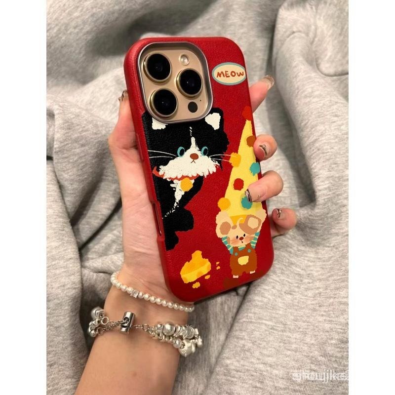 เคส iPhone 15 สำหรับ iPhone 16 สีดำ โครงโลหะ Tom and Jerry ปกหนังนุ่ม 14/13Pro 12/11 6DW2 JO4H