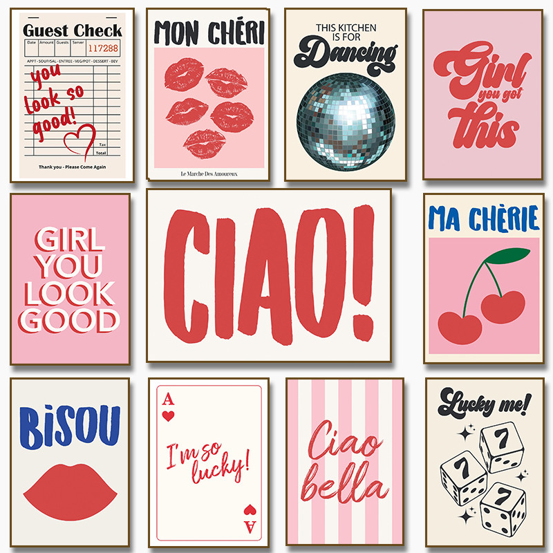 Ciao Bella Cherry Disco Ball โปสเตอร์พิมพ์อินเทรนด์สีชมพู Guest Check Girl ภาพวาดผ้าใบ