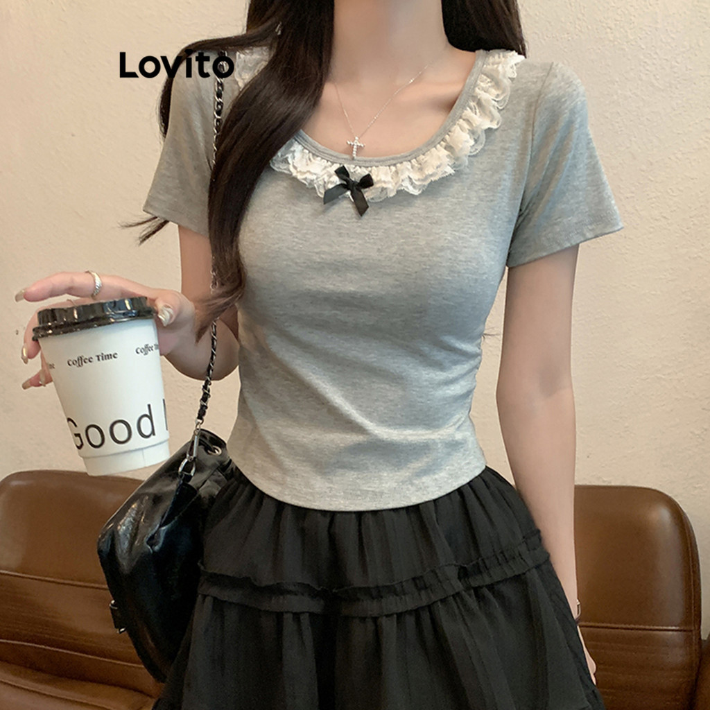Lovito เสื้อยืดผู้หญิง แต่งโบว์ ลูกไม้ สีพื้น สไตล์ลำลอง LNA67278