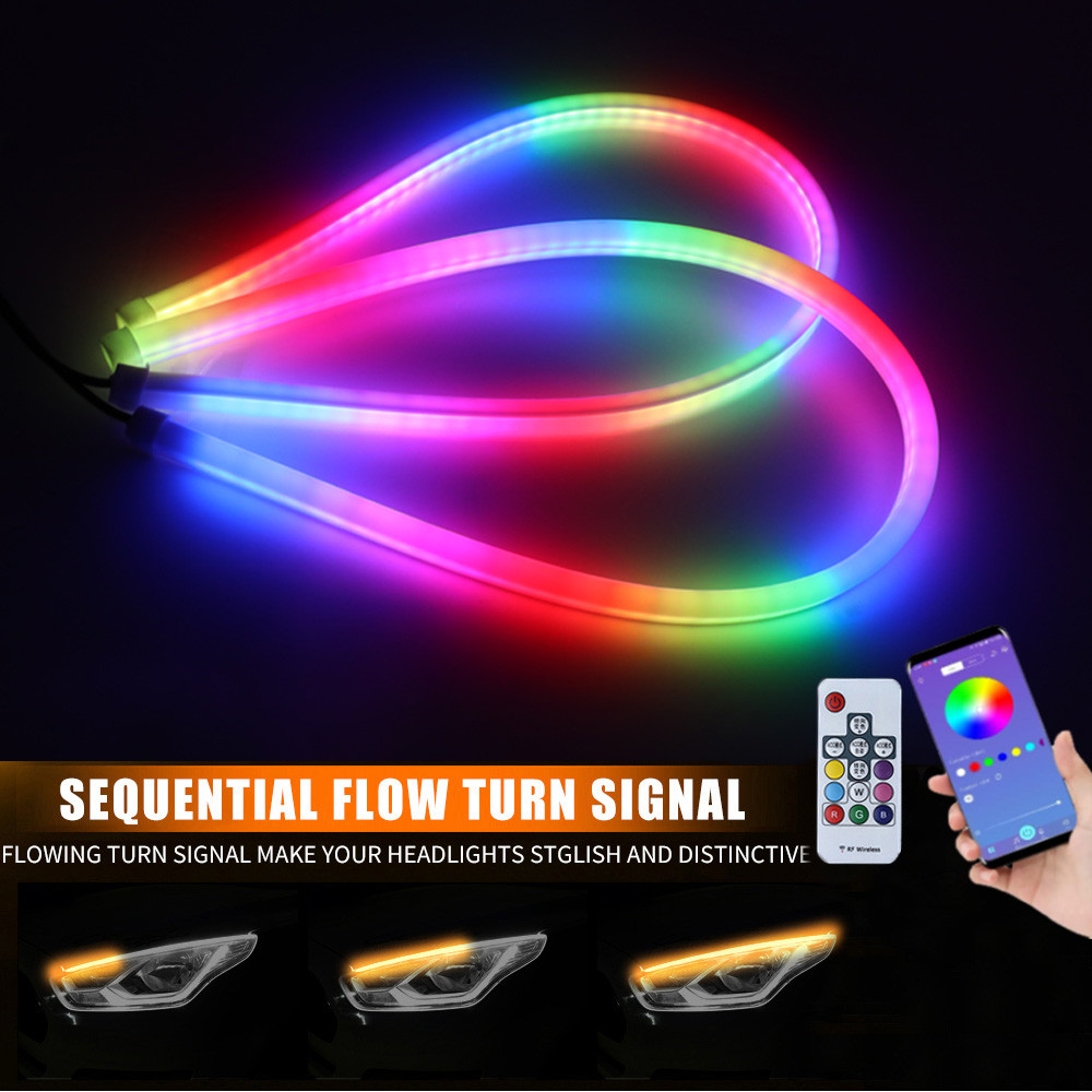12V LED ไฟวิ่งกลางวัน 60 ซม. APP ควบคุม RGB ไฟเลี้ยวไฟหน้ารถตกแต่ง Ultra-thin ยืดหยุ่นแถบแสง 2 ชิ้น