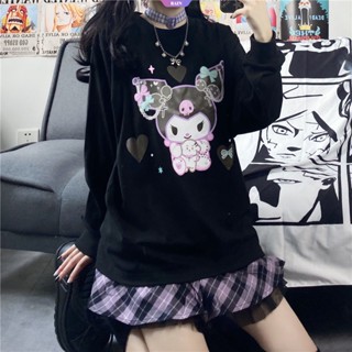 เสื้อยืดลําลอง แขนยาว คอกลม พิมพ์ลายการ์ตูนอนิเมะ Sanrio Kuromi ทรงหลวม สไตล์ญี่ปุ่น แฟชั่นฤดูใบไม้ร่วง สําหรับผู้หญิง [RAIN]