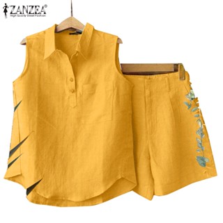 Zanzea ชุดเสื้อแขนกุด มีซิปด้านหน้า และด้านหลัง และกางเกงขาสั้น เอวยางยืด สีพื้น สไตล์เกาหลี สําหรับผู้หญิง