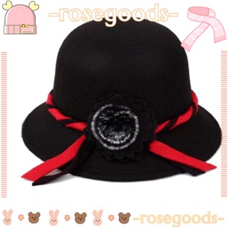 Rose Fedoras หมวกผ้าขนสัตว์ ทรงโดม สีพื้น หรูหรา ลายดอกไม้ ลําลอง ฤดูใบไม้ร่วง ฤดูหนาว สําหรับผู้หญิง