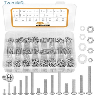 Twinkle 615 ชิ้น|สกรูหัวกระทะ สเตนเลส 304 14 ขนาด พร้อมกล่องเก็บ #4-40 #6-32 #8-32 #10ชุดน็อต และสลักเกลียว 24 ชิ้น