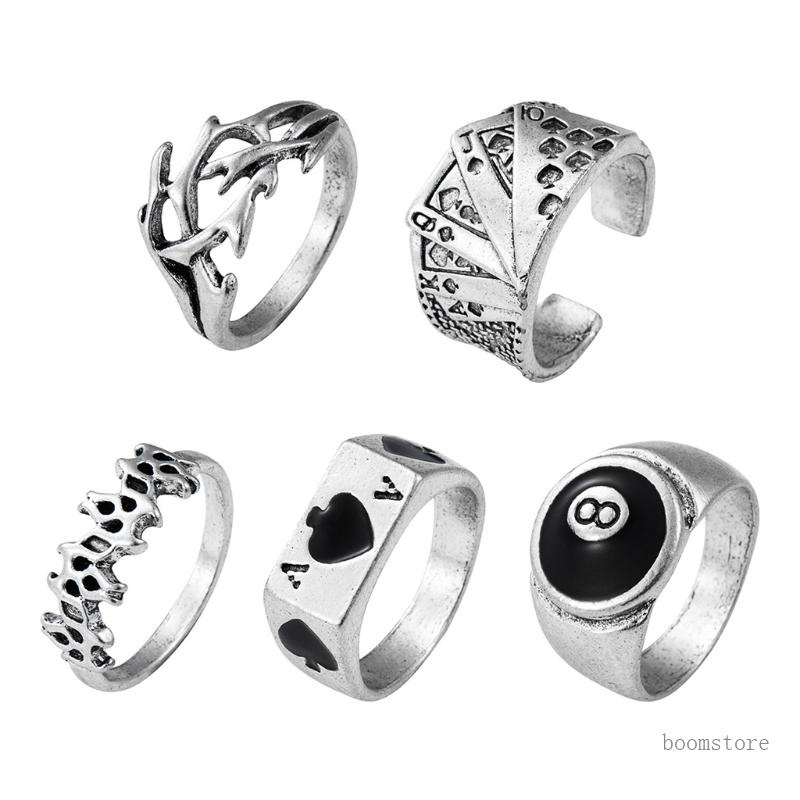Boom 5 ชิ้น เซต ผู้ชาย ผู้หญิง โลหะผสม แหวนพังก์ สีเงิน แปลกใหม่ อุปกรณ์เสริมนิ้ว