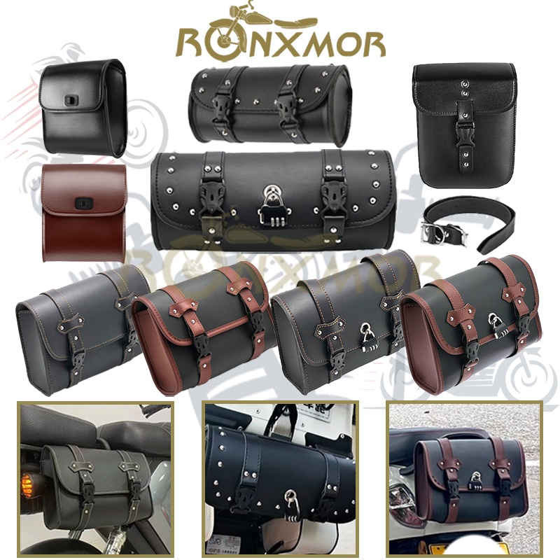 Ronxmor ขี่รถจักรยานยนต์เก็บกระเป๋า Universal รถจักรยานยนต์ Saddlebag ที่มีการล็อคด้านข้างกระเป๋าเครื่องมือ PU หนังกระเป๋าเดินทางส้อมกระเป๋าเครื่องมือ Sissy Bar กระเป๋า