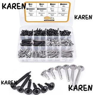 Karen สกรูหัวต๊าป โลหะ ดัดแปลง สําหรับหัวทรัส 400 ชิ้น #8x ชุดสกรู สเตนเลส 410 อลูมิเนียม สีดํา และสีเงิน 1/2 นิ้ว ถึง 1-1/2 นิ้ว
