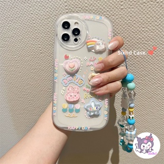 เคสโทรศัพท์มือถือ TPU กันกระแทก ลายการ์ตูนกระต่ายน่ารัก พร้อมสายคล้องมือ สําหรับ iPhone 15 14 13 12 11 Pro Max SE 2020 X Xr Xs Max 8 7 Plus