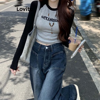 Lovito เสื้อยืดลําลอง พิมพ์ลายตัวอักษร บล็อกสี สําหรับผู้หญิง LNA24056 (สีน้ําเงิน/ดํา)