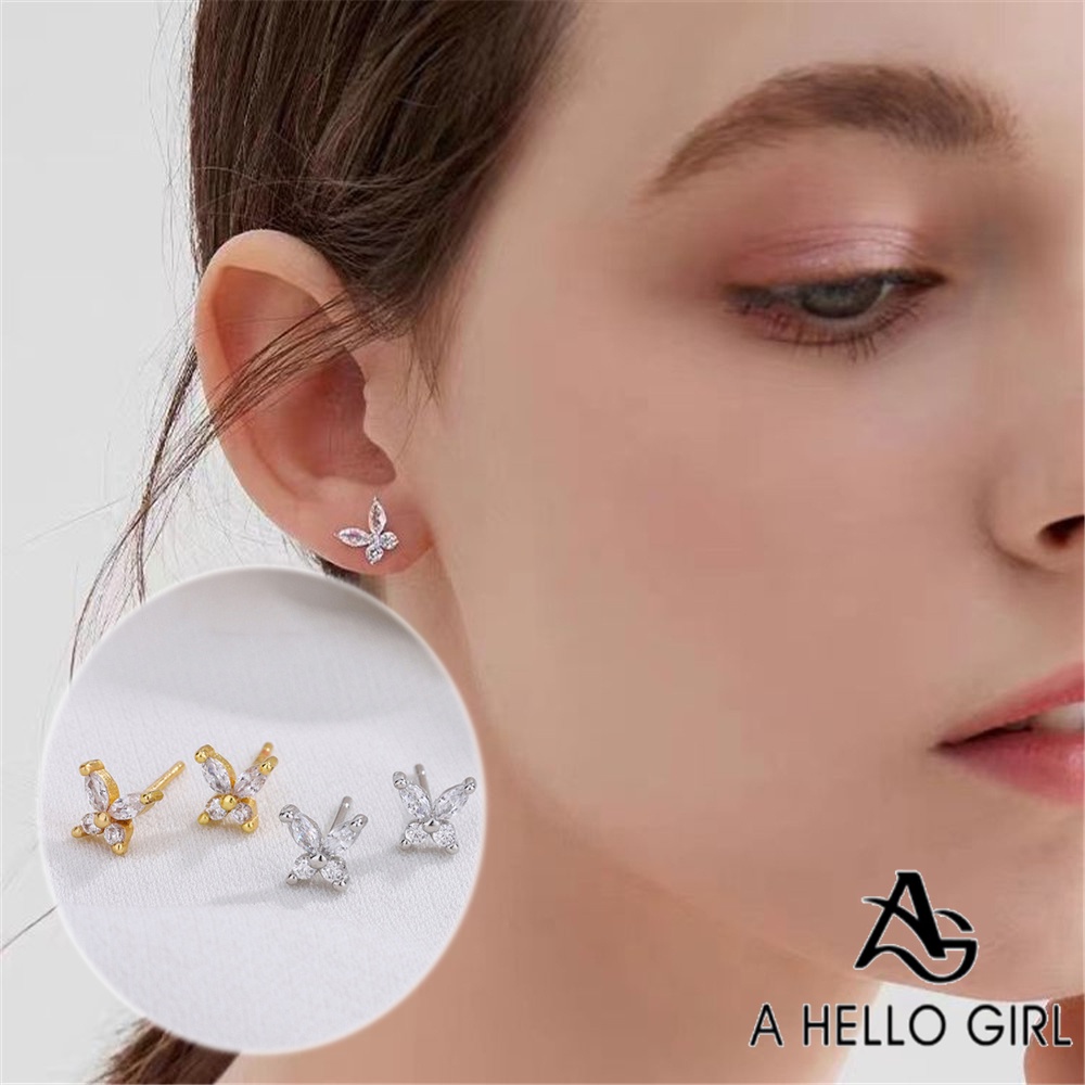 A HELLO GIRL ใหม่ ต่างหูเงิน S925 รูปผีเสื้อ ประดับเพชร ไฮเอนด์ ขนาดเล็ก สําหรับผู้หญิง