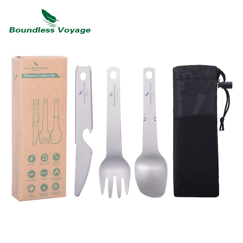 Boundless Voyage-ชุดอาหารไทเทเนียมแบบพกพาพร้อมที่เปิดขวดนำกลับมาใช้ใหม่สำหรับตั้งแคมป์กลางแจ้ง Ti1077T