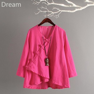 Chinese style improved Zen tea clothing retro loose large size handmade plate mouth fairy cotton and linen top for women