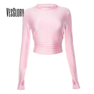 Vesglory เสื้อครอปท็อปแขนยาว คอกลม เข้ารูป แต่งจับจีบ สีพื้น แฟชั่นสําหรับสตรี 2023