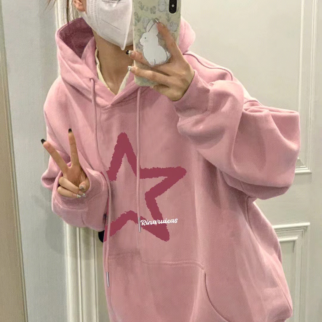 เสื้อกันหนาวแขนยาวลําลอง มีฮู้ด ผ้ากํามะหยี่ แบบหนา ลายดาวห้าแฉก เรียบง่าย หรูหรา สีชมพู สําหรับผู้ชาย และผู้หญิง นักเรียน 3XL 2023