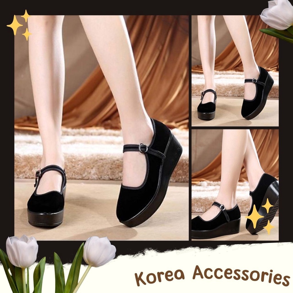 Korean รองเท้าคัชชูส้นตึกสูง 1.5 นิ้ว งานผ้ากำมะหยี่ สีดำล้วนส้นแต่งลายดอกไม้ เบอร์ 34-40 (108)