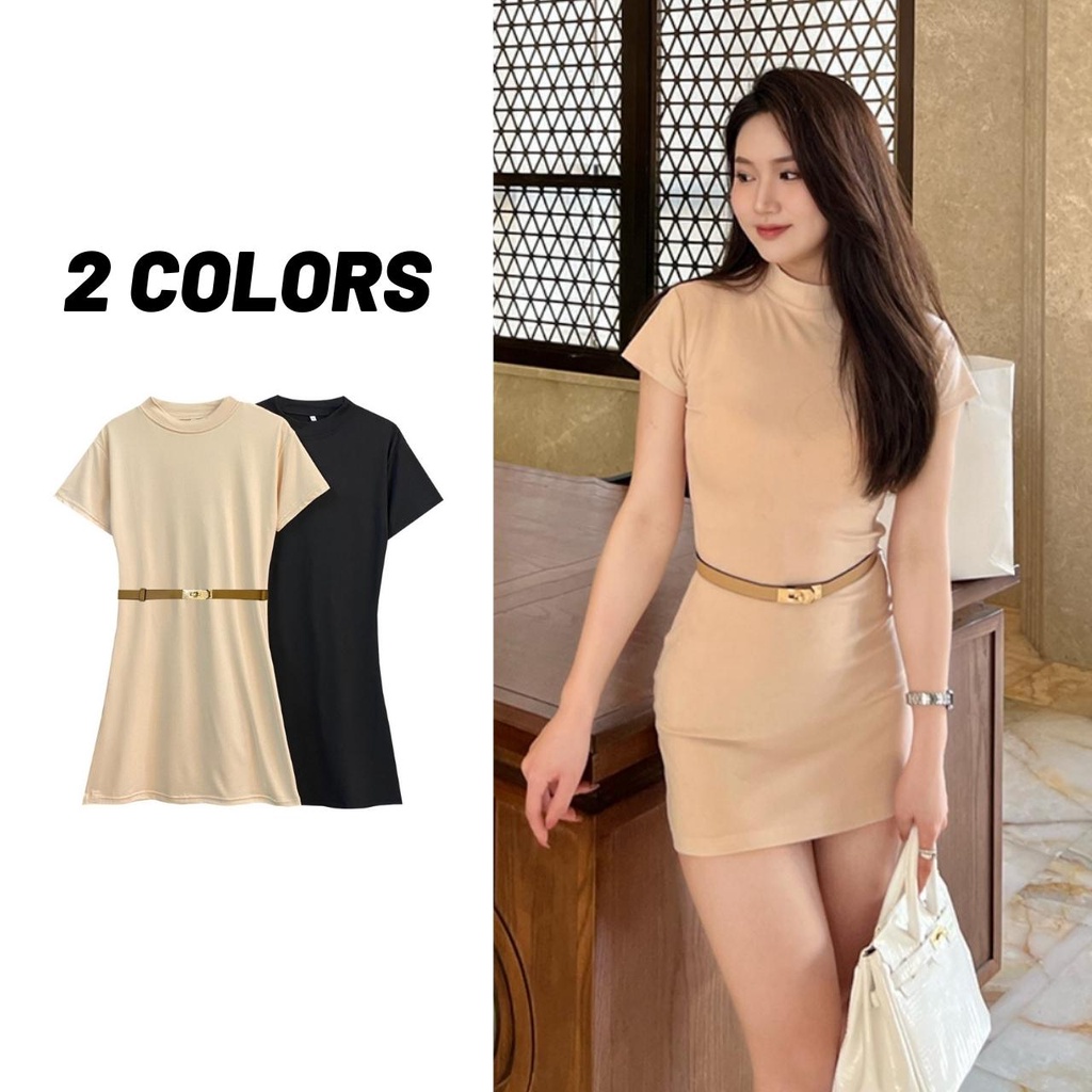 Sale80% มินิเดรสสีพื้นแขนสั้นคอกลม พร้อมเข็มขัด 2 สี