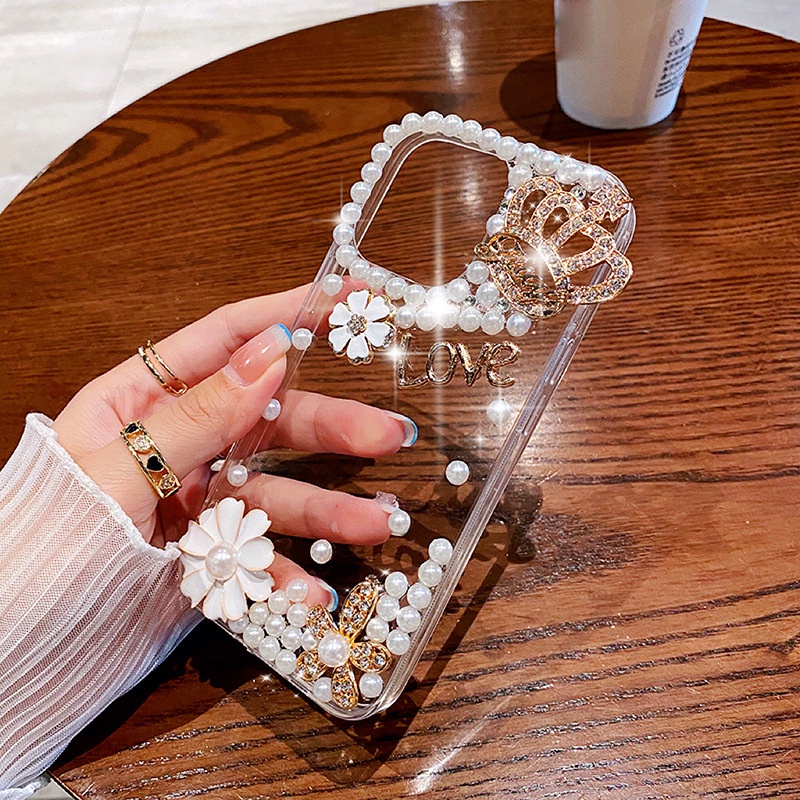 เคส Rhinestone หรูหราสําหรับ iPhone 16 Pro Max 15 14 13 12 11 กรณีมงกุฎฝาครอบโปร่งใส