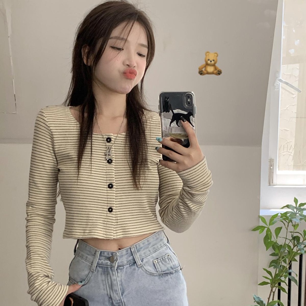 Anna 68106 เสื้อไหมพรมแขนยาว คอวีลายทางน่ารักเกาหลีมาก แฟชั่นเกาหลี น่ารัก และหวาน สาวสวย