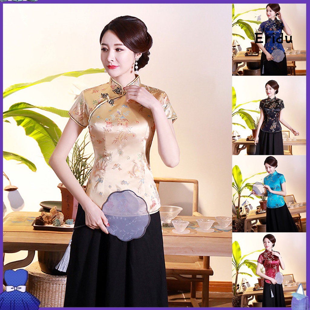 【พร้อมส่ง】เสื้อกี่เพ้า พิมพ์ลายมังกรฟินิกซ์ สไตล์จีน แฟชั่นฤดูร้อน ฤดูใบไม้ร่วง สําหรับผู้หญิง