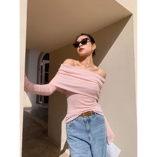 Gakki เสื้อยืดหญิงไหมพรมปาดไหล่ แขนยาว ผญ ผ้านิ่มใส่สบาย ฟรีไซส์ พร้อมส่ง 1672#