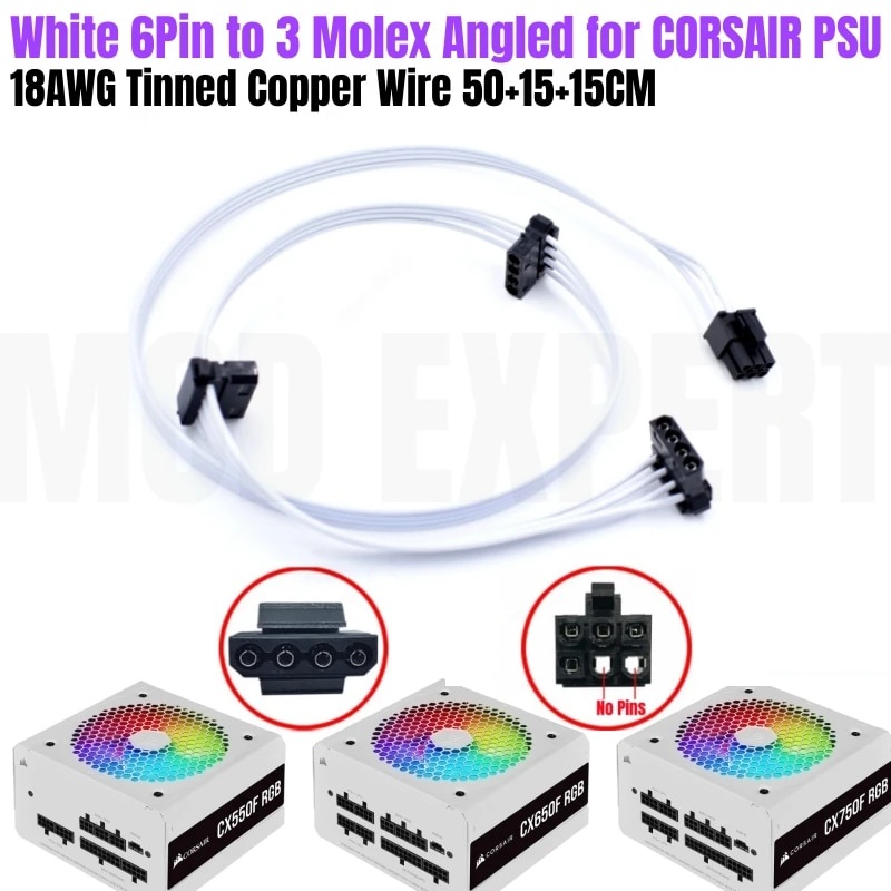 ใหม่สีขาว 6Pin ถึง 3 Molex IDE 4Pin มุมพัดลมสายไฟสําหรับ CORSAIR CX550F CX650F CX750F RGB Modular PS