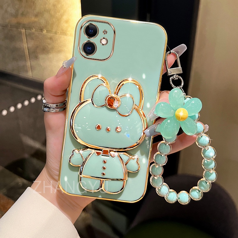 เคสโทรศัพท์มือถือ TPU แบบนิ่ม ชุบไฟฟ้า บางพิเศษ กันกระแทก ลายกระต่าย 3D พร้อมสายคล้อง สําหรับ iphone 11 12 PRO MAX 12 MINI
