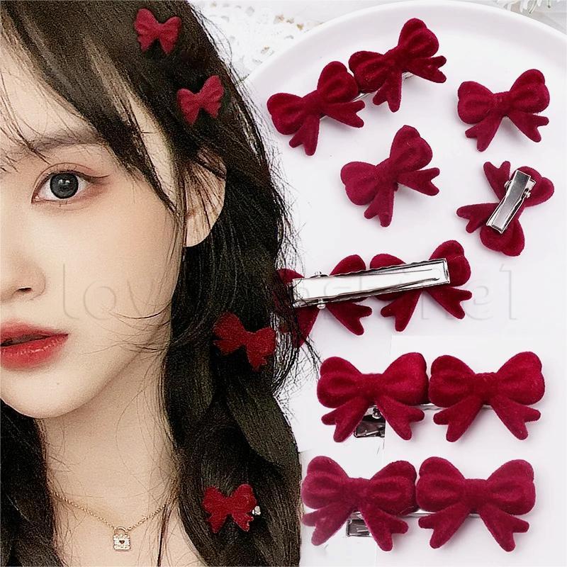 กิ๊บติดผม ผ้ากํามะหยี่ ประดับโบว์ สีแดง สไตล์เกาหลี หรูหรา เครื่องประดับ สําหรับผู้หญิง งานแต่งงาน คริสต์มาส
