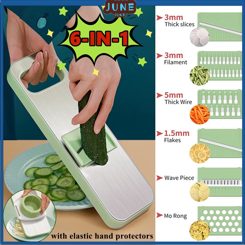 6 In 1 เครื่องหั่นผัก ผลไม้ แบบเกลียว สเตนเลส อเนกประสงค์ พร้อมตัวป้องกันมือ ยืดหยุ่น สําหรับห้องครัว