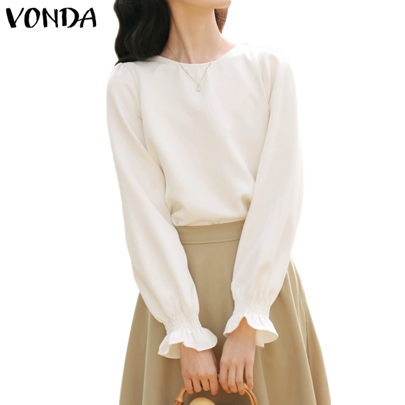 Vonda เสื้อยืดลําลอง แขนยาว สีพื้น สไตล์เกาหลี สําหรับผู้หญิง
