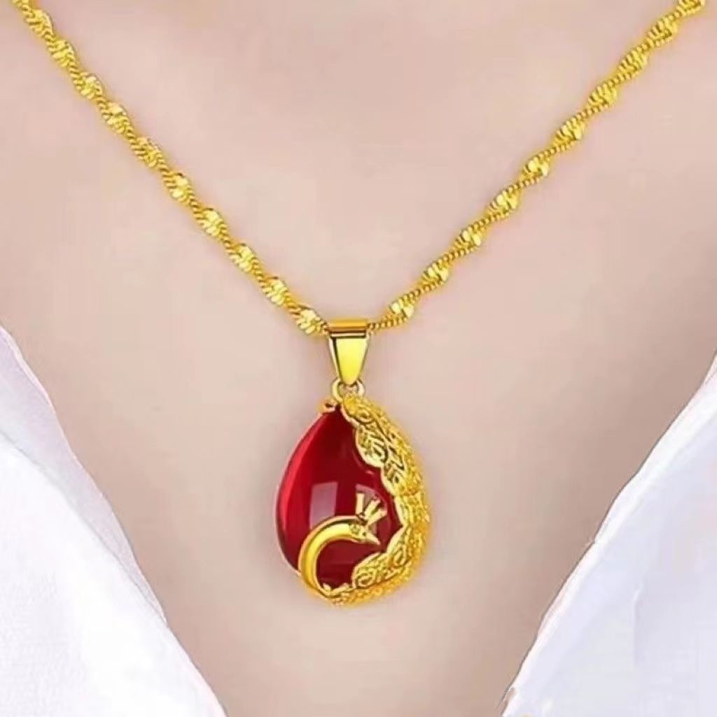 ของแท้ 24 ทรายทองบริสุทธิ์สร้อยคอผู้หญิงฝังหยกสีเขียวหยดน้ําจี้สร้อยคอ