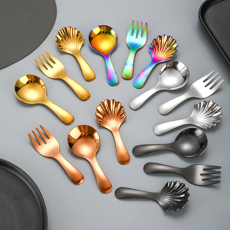 ช้อนส้อมสเตนเลส เกรด 304 ด้ามจับสั้น หัวกลม ขนาดเล็ก ของหวาน สําหรับเด็ก