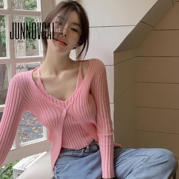 Junnovgal เสื้อยืดแขนยาว คอวี สีพื้น เข้ากับทุกการแต่งกาย แฟชั่นฤดูใบไม้ร่วง สําหรับผู้หญิง 2023