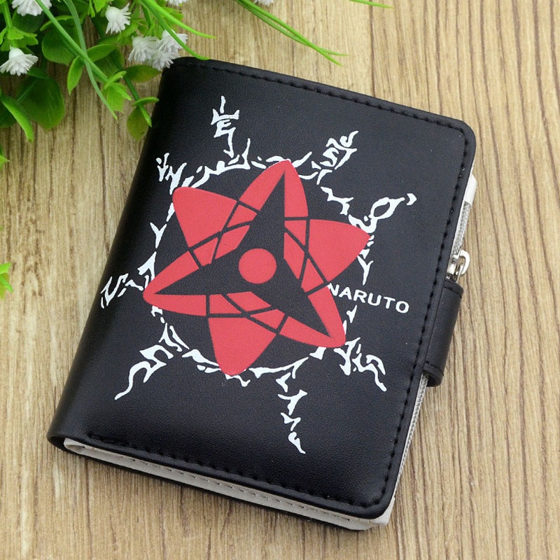 กระเป๋าสตางค์ หนัง PU ใบสั้น แต่งซิป ลาย Naruto Uzumaki Mangikiu Shalingan Rinnegan Eye of Moon สีดํา