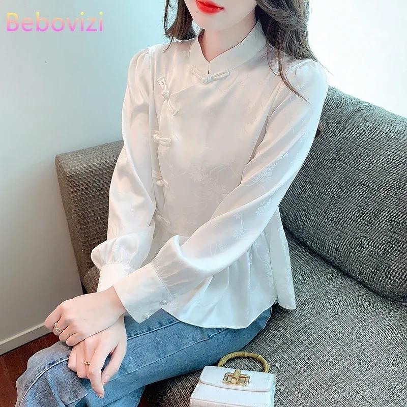 เสื้อเชิ้ตแขนยาว แต่งกระดุม สีชมพู แฟชั่นฤดูใบไม้ร่วง สไตล์จีนเรโทร สําหรับผู้หญิง