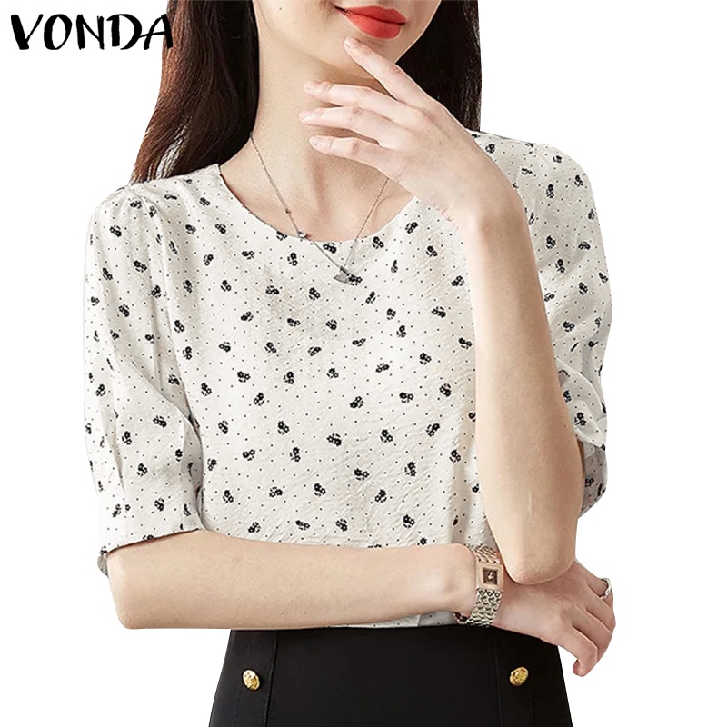 Vonda เสื้อเบลาส์ คอกลม แขนสั้น พิมพ์ลาย สไตล์เกาหลี สําหรับผู้หญิง